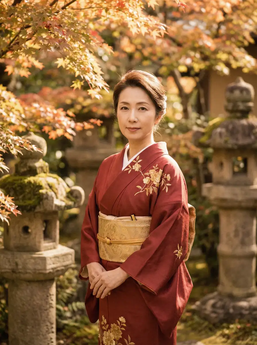一位身穿暗红色和服的优雅 国产麻豆剧果冻传媒白晶晶 在日式庭院中