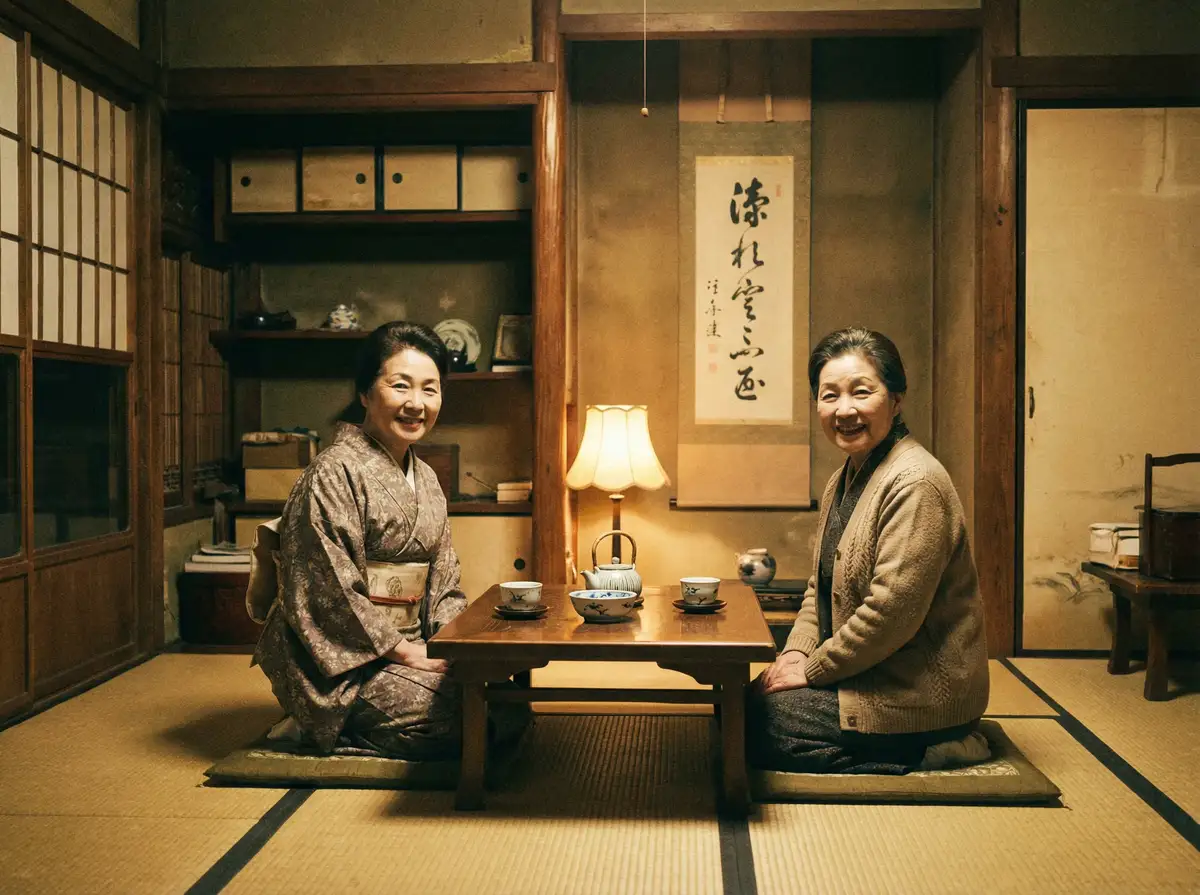 两位优雅的 国产麻豆剧果冻传媒白晶晶 在日式茶室中品茶交谈